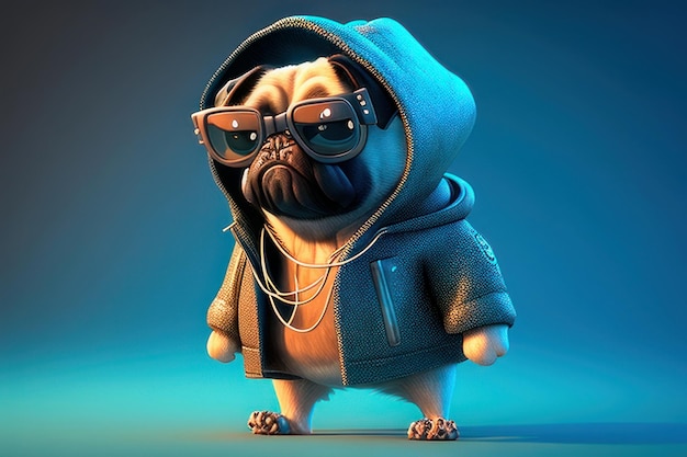 fun pug dressed in clothes and sunglasses