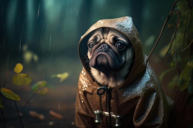 fun pug dressed in the rain in field