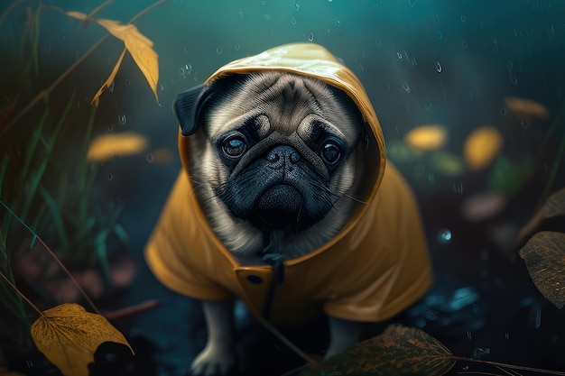 fun pug dressed in the rain in field