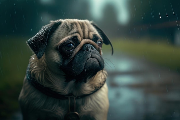 fun pug dressed in the rain in field