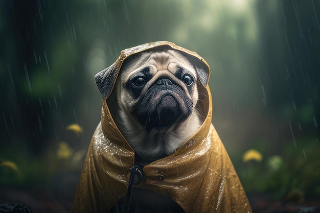 fun pug dressed in the rain in field