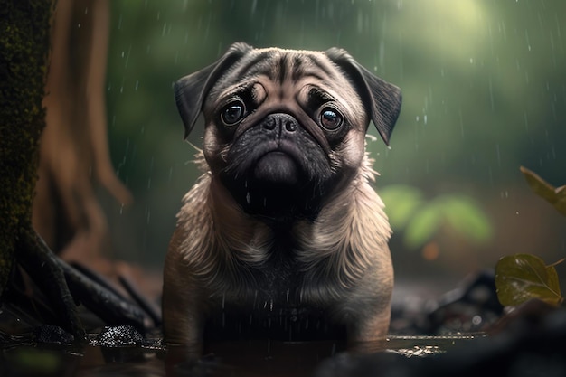 fun pug dressed in the rain in field