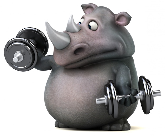 Fun rhino with dumbbells 3D Illustration