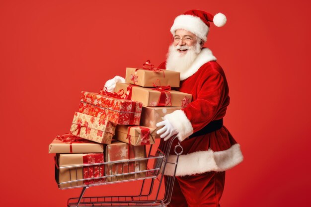 Fun Santa Carrying Pile Stack Fairy Purchases Christmas Shopping Banner Present Delivery Santa Xmas Gift Generative AI Illustratie