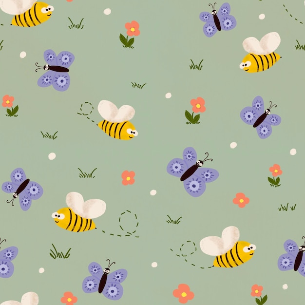Фото Забавный бесшовный узор с бабочками, пчелами и цветами на бледно-зеленом фоне