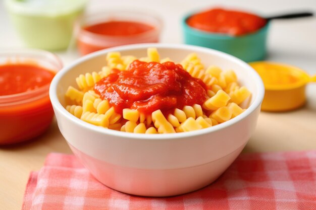 Fun shaped pasta with tomato sauce in a kids bowl