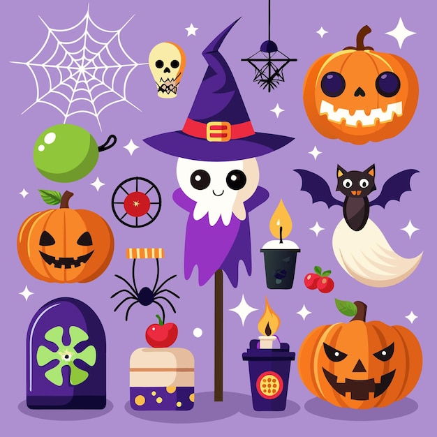 Fun and Spooky Halloween Icons for Kids Ghosts Pumpkins and Bats