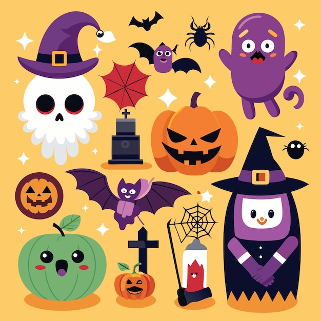 Fun and Spooky Halloween Icons for Kids Ghosts Pumpkins and Bats