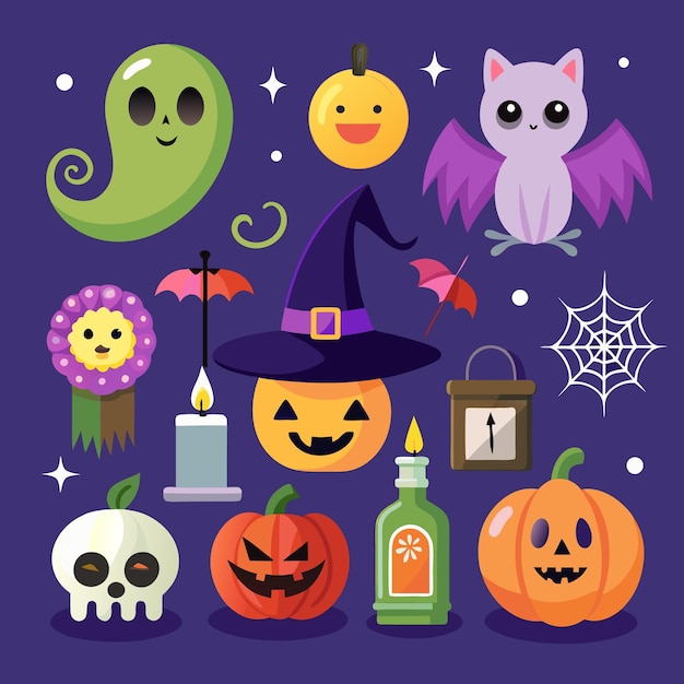 Fun and Spooky Halloween Icons for Kids Ghosts Pumpkins and Bats