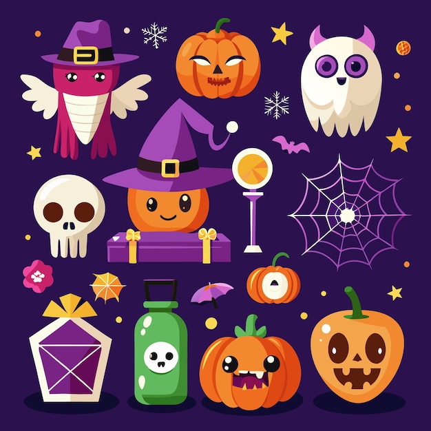 Fun and Spooky Halloween Icons for Kids Ghosts Pumpkins and Bats