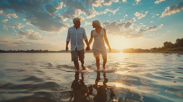 Забавные моменты между двумя очаровательными влюбленными пожилыми людьми, прогуливающимися по реке босыми ногами.