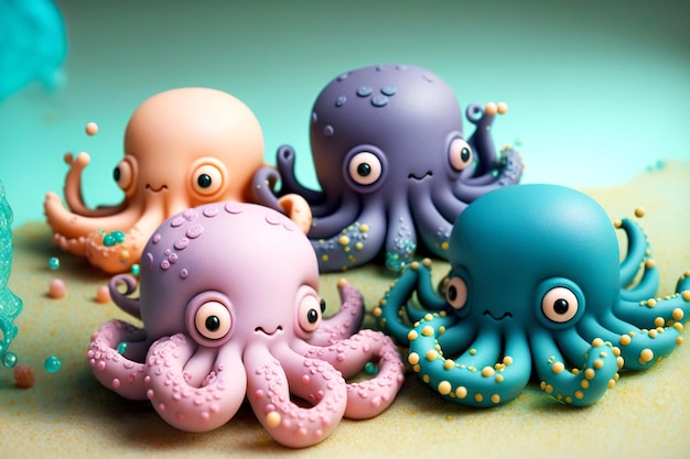 Fun toys in form of plasticine octopuses with tentacles created with generative ai