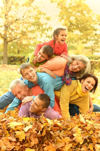 Fun walk a large family in the autumn forest