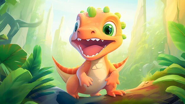 Fun with cartoon dinosaur in the jungle background Jurrasic park themed vector illustration