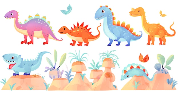 Fun with cartoon dinosaur in the jungle background Jurrasic park themed vector illustration