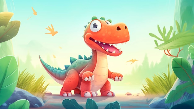 Fun with cartoon dinosaur in the jungle background Jurrasic park themed vector illustration