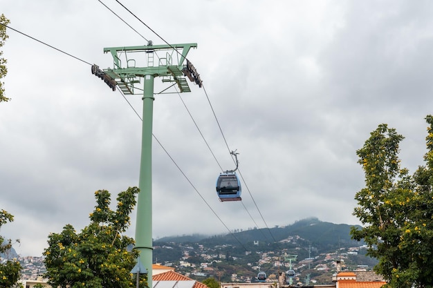 Funchal cable car cabin going up the mountain from the beach a cloudy summer day Madeira