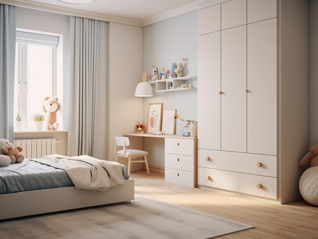 Functional furniture enhances the white child room AI Generation