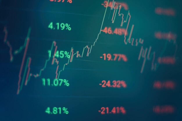 Fundamental and technical analysis concept. Abstract financial trading graphs on monitor. Background with currency bars and candles