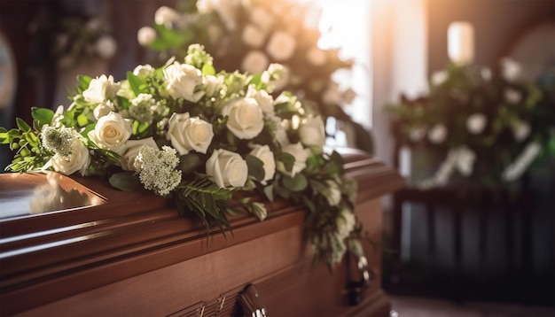 Foto funerale splendidamente decorato con arrangiamenti floreali bara da vicino sulla bara in una cappella