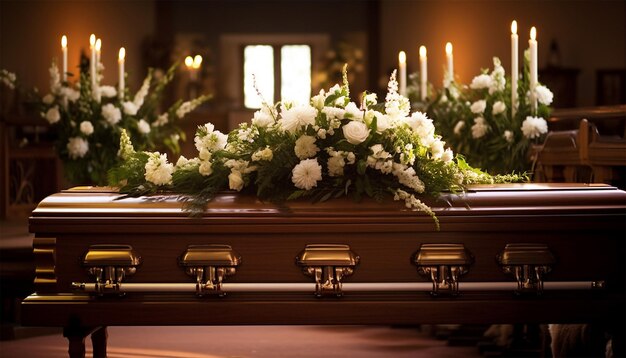 Photo funeral beautifully decorated with flower arrangements coffin closeup on casket in a chapel