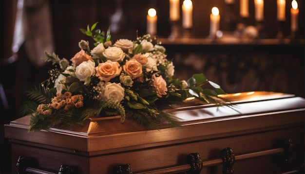 Photo funeral beautifully decorated with flower arrangements coffin closeup on casket in a chapel