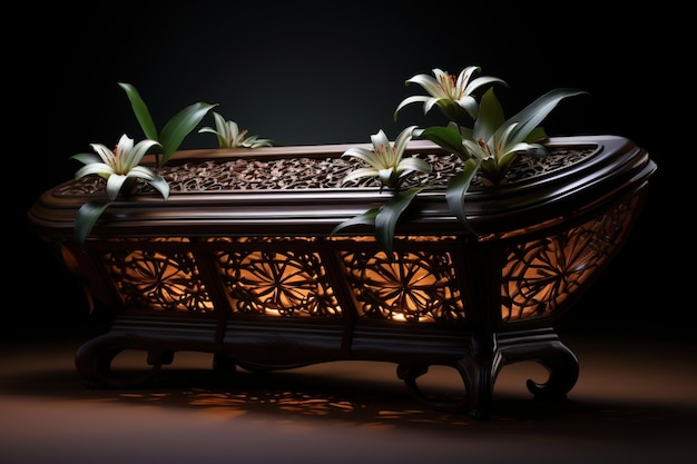 Funeral casket with flowers on dark background