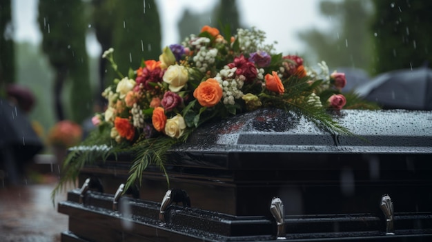 Funeral coffin with flowers Mourning