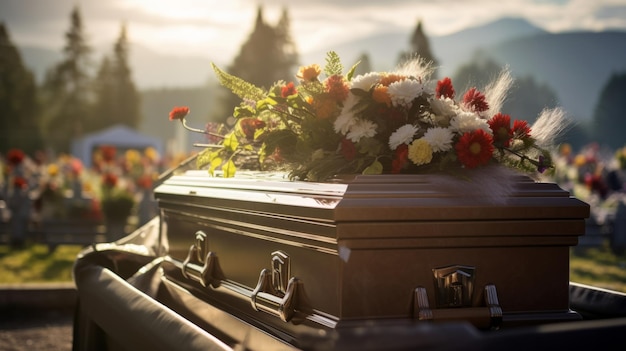 Funeral coffin with flowers Mourning