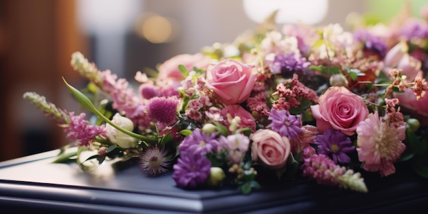 Photo funeral flowers on the coffin lid