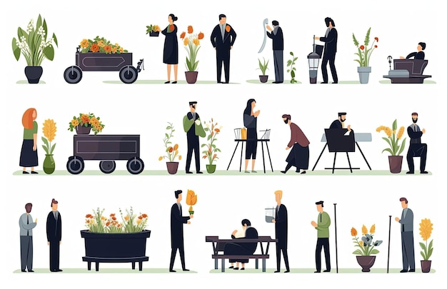 Photo funeral illustration in the style of colorful animation stills