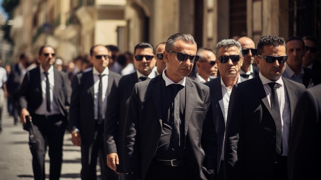 Funeral of a mafia boss Sad faces Mourning People dressed in black