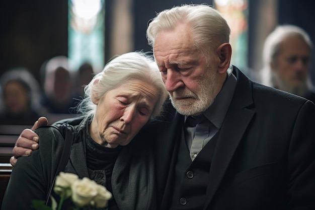 At a funeral sad elderly couple crying in church