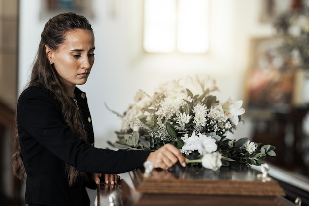 Photo funeral sad and woman with flower on coffin after loss of a loved one family or friend grief death and young female putting a rose on casket in church with sadness depression and mourning