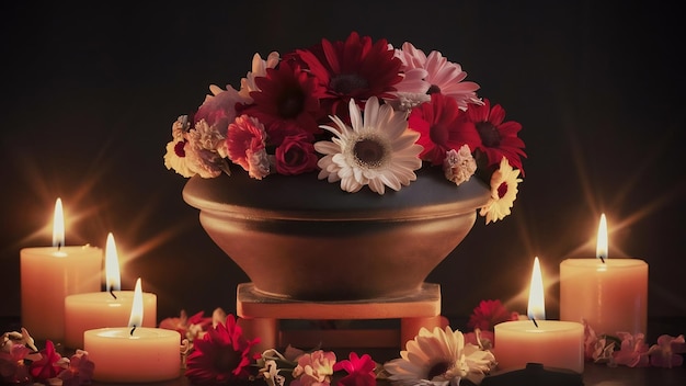 Funeral urn with candles and flowers