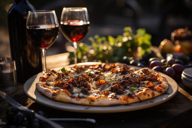 Photo funghi pizza in a wines celebration in a winery in the umbria with mature grapes generative ia