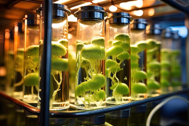 fungus in glass test tubes with liquid growth medium on a metal rack close up