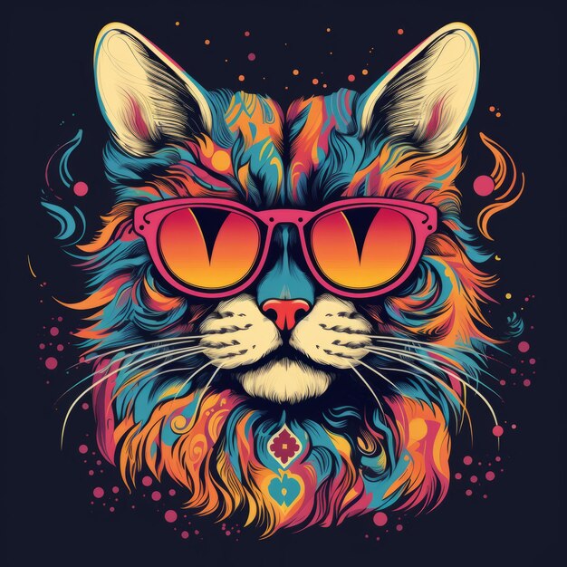 Photo funky cat with sunglasses psychedelic retro illustration