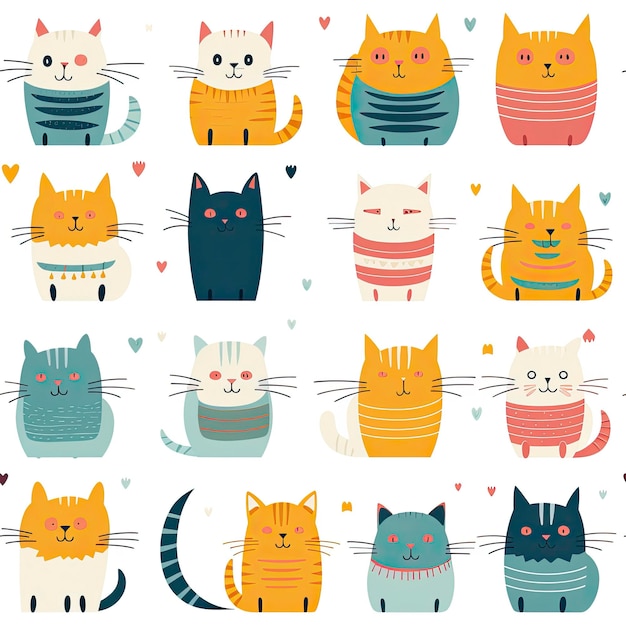 Photo funky cats pattern on white