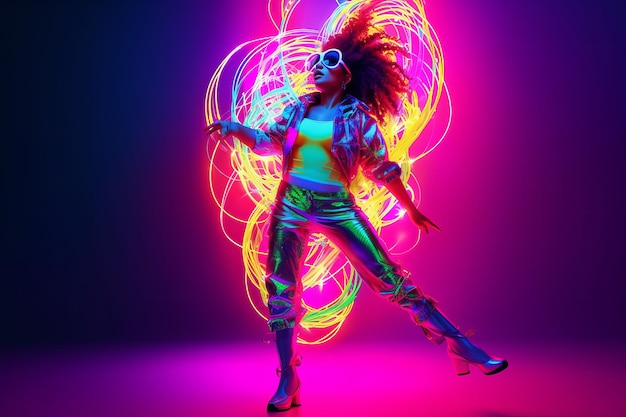 Foto funky ragazza allegra che balla buon umore isolato su sfondo di luce al neon vivido multicolore