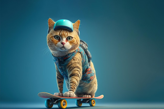 Funky cool cat skateboard, isolated on blue background, Generative AI