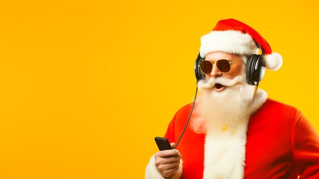 funky crazy santa claus dj in headset hold microphone