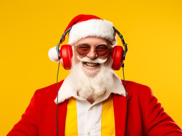 Funky crazy santa claus dj in headset hold microphone