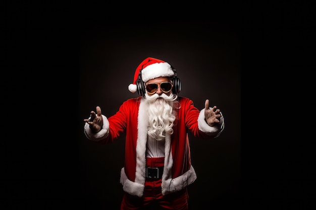 Funky crazy Santa Claus dj headset sing song sound listen music on black background AI Generated