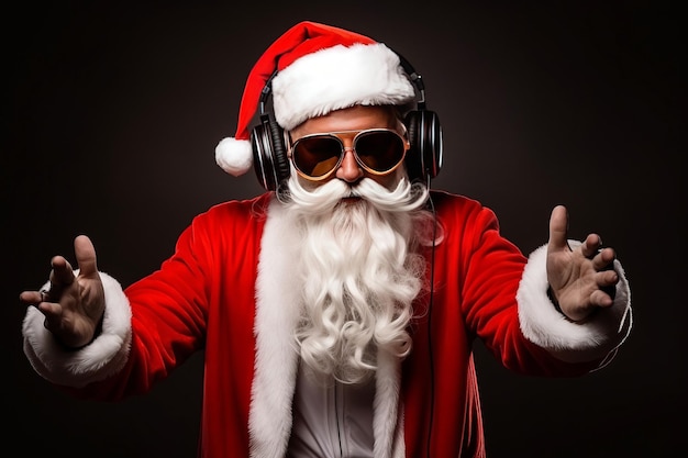Напуганная сумасшедшая гарнитура Санта-Клауса диджея поет звук песни и слушает музыку на черном фоне Сгенерировано AI