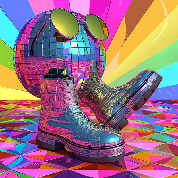 Photo funky disco ball in sunglasses on graffiti boots vibrant retro