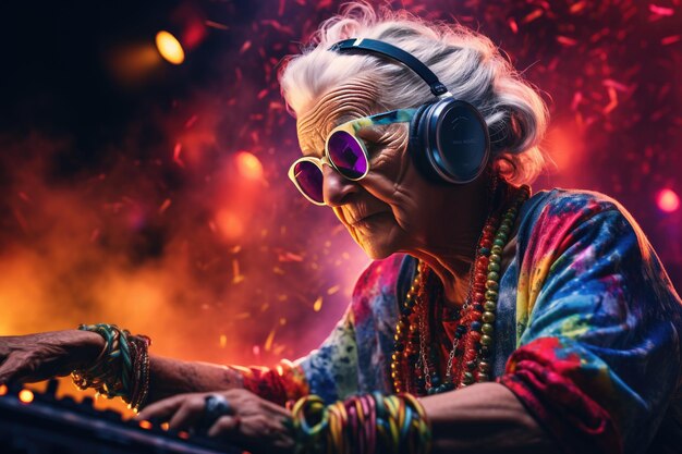 Funky DJ grandmother dancing and playing electro music on turntable Dynamic