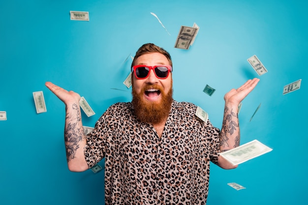 Funky excited man celebrate lottery jackpot victory