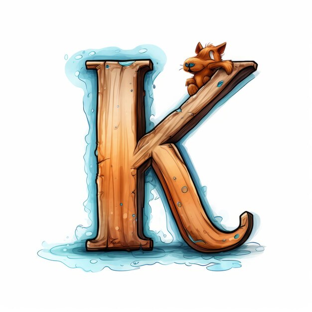 Photo funky feline fun a watercolor cartoon illustration of a brown cat with the letter k