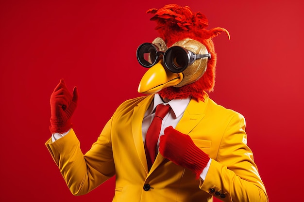 Funky guy in rooster mask sings on yellow background